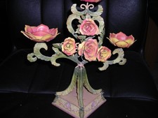 VTG FLORAL TOLEWARE-STYLE CANDELABRA CANDLE HOLDER HAND-PAINTED PINK YELLOW ROSE picture