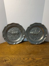 Vintage SKS Zinn Pewter Wall Plates Set 2 Deer Stag Elk Relief Plaque Germany picture