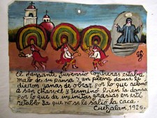 VTG HP MEXICAN TIN RETABLO SAN CHARBEL SAVES QUETZAL DANCER in 1925 picture