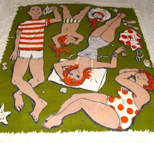 RARE Vtg FIELDCREST Huge TOM MORROW Designed BEACH Towel FAMILY in Bathing Suits picture