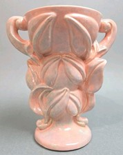 Vintage Gonder H-77 Pink Mottled Leaf & Vine Double Handle Art Pottery Vase MCM picture