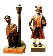 2 Vintage Hand Carved Wood German Musical Barware Figures, Cork Head / Bottle Op picture