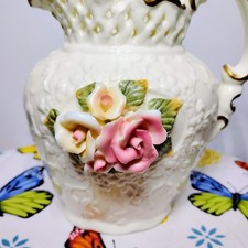 Vintage Capodimonte Style Porcelain Floral Pitcher - Reticulated Lattice Neck picture