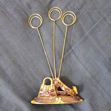 Gold Tone Metal Shoe-Themed Desk Photo/Memo Holder w/ 3 Wire Ring Clips picture