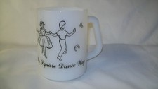 VINTAGE FEDERAL GLASS MILK WHITE SQUARE DANCE MUG HAPPY & GAY  USA 1960'S ? picture