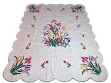 WOW Vintage 40’s Iris Appliqué Hand Made Quilt Flowers Vibrant Scallop 91”x73” picture