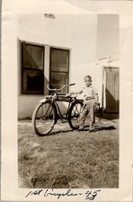 1945 Boy With 1st Bicycle Photo Sepia Snapshot Postwar Americana Backyard picture