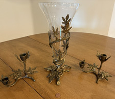 Vtg Brass Leaf Candlesticks & Vase Dinning Table Centerpiece Set Bombay Co picture