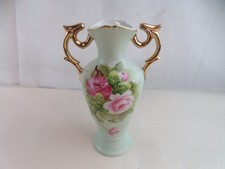 Lefton Antique Green China Vase Handpainted Roses #4072 Gold Trim 8.5