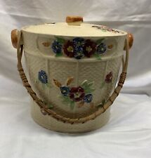 Vintage Japanese Floral Biscuit Jar With Wicker Handle - Made in Japan 4” picture