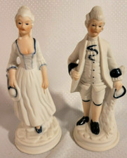 Vtg Colonial Man And Woman Figurines Bisque & Glaze Ceramic Colonial Statues picture
