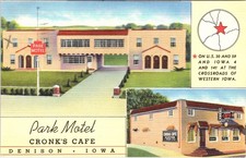 Denison IA Iowa PARK MOTEL & CRONK'S CAFE Crawford Co ca1940's ROADSIDE Postcard picture
