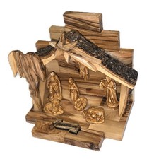 Olive Wood Nativity Set with Figurines, Bark Roof Stable Made in Bethlehem picture