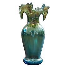 Vintage Iridescent Blown Glass Vase Ruffled Gold Green Teal  picture