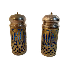 Vintage Glass Salt Pepper Shakers OS Blue Brass Tabletop Traditional Retro Class picture