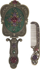 Antique Vintage Hand Mirror Comb Set - Vanity Handheld Makeup Mirror Bronze picture