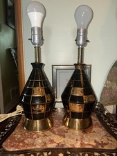 Vintage MCM Mid Century Modern Gold & Black Ceramic Pair Lamps Space Age Working picture