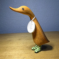 Genuine DCUK Wooden Ducky Figurine Green Spotty Welly Boots Peter Hand Carved picture