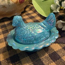 New Mosser glass CARNIVAL Georgian blue Mini Hen on Nest salt cellar dish HON picture