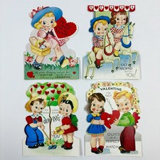LARGE Vtg Mechanical Valentines Day Cards Diecut Set of 4 UNUSED 1940s 1950s picture
