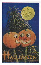 1909 Atq Bernhardt Wall Halloween Postcard Jack-o-Lanterns JOL Full Moon Posted picture
