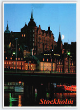 STOCKHOLM SWEDEN BUILDINGS BRIDGE BOAT RIVER MOON VINTAGE POSTCARD 1988 picture