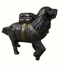 Antique Large Cast Iron Saint Bernard Dog Still Coin Bank with Rescue Pack 8” picture