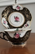 VTG Royal Heidelberg Germany Pink Rose Gold Filigree on Black Tea Cup & Saucer picture