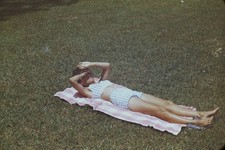 c1960's 35mm Slide Film Woman Sunbathing Gingham Swimsuit Grass Color Photo picture