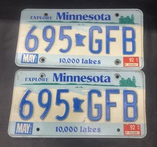 Vintage 1992 Minnesota License Plate Pair 695-GFB Matching Set Tags picture
