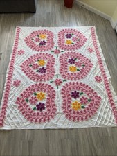Rare Vtg Shabby Chic Twin Girls Bedspread Chenille White With Pink Floral 70x60 picture
