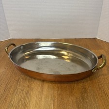 VTG Oval Copper Clad Pan Brass Handles Oblong Display Au Gratin Fish Baker 12” picture