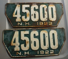 RARE Matched Pair 1922 NEW HAMPSHIRE VISITOR LICENSE PLATES picture