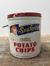 Vintage Seyfert's Potato Chips 1 1/2 lb Tin Can Columbus Ohio Advertising Lid picture