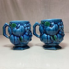 Vintage Inarco Mood Indigo Blue Mug Set/2 Ceramic Cups Fruit Design 1970’s Japan picture