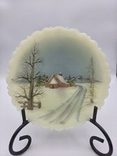 VTG 1981 Fenton Custard Glass Plate Winter Church Signed A Farley Glows UV 8