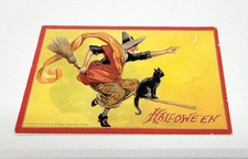 Atq Tuck's 174 Halloween Postcard Red Witch Black Cat Riding Broom Posted picture