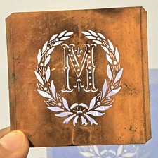 Antique Copper Monogram Stencil Letter M – Ornate Alphabet Plate c.1880–1920 M3 picture