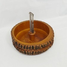 Vintage Hand Turned Wood Nut Bowl Nutcracker Rustic Bark Edge MCM Decor Dish picture