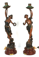 Pair Of Art Nouveau French Spelter Le Bonheur Table Lamps Made In France picture