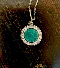 Sterling Silver tiny Green White Enamel Saint Christopher medal W Chain VTG picture