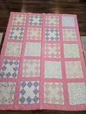Beautiful Vintage Pink Feedsack 66 X 83 Quilt Flowers Polka Dots Hand Sewn READ picture