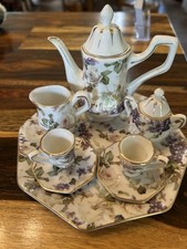 Mini  Porcelain Floral Tea Set, Teapot, Octagonal Tray, Sugar, Creamer, 3 Cups picture