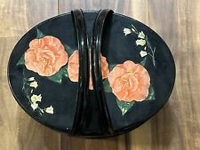 Vintage Tin Box Sewing Basket Double Swing Handle Black, PinkAnd White  Flowers picture