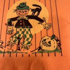 Lot of 3 Vintage MCM  Reed Halloween Paper Party Napkins Scarecrow & Black Cat picture