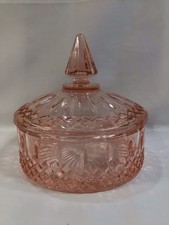 VTG Indiana Glass Pink 6” Covered Candy Dish -Diamond Pattern picture