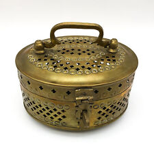 Vintage Solid Brass Lockable Cricket Box Trinket Handled Pierced Oval India picture