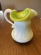 Vintage Bright Green/White Slag Glass Pitcher w/Swirl Top. Kanawha 4” picture