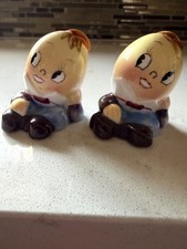 Vintage MCM Miyao Humpty Dumpty Anthropomorphic Ceramic Salt & Pepper Shakers picture