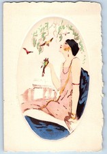 c1930's Woman And Birds Art France Embossed Antique Unposted Postcard picture